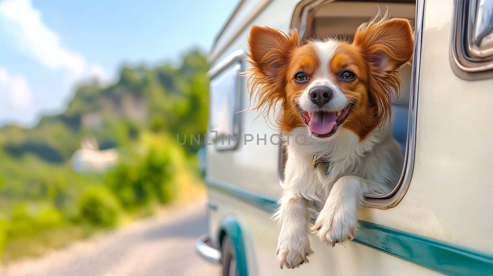 Happy dog enjoying a camper van journey on a summer road trip