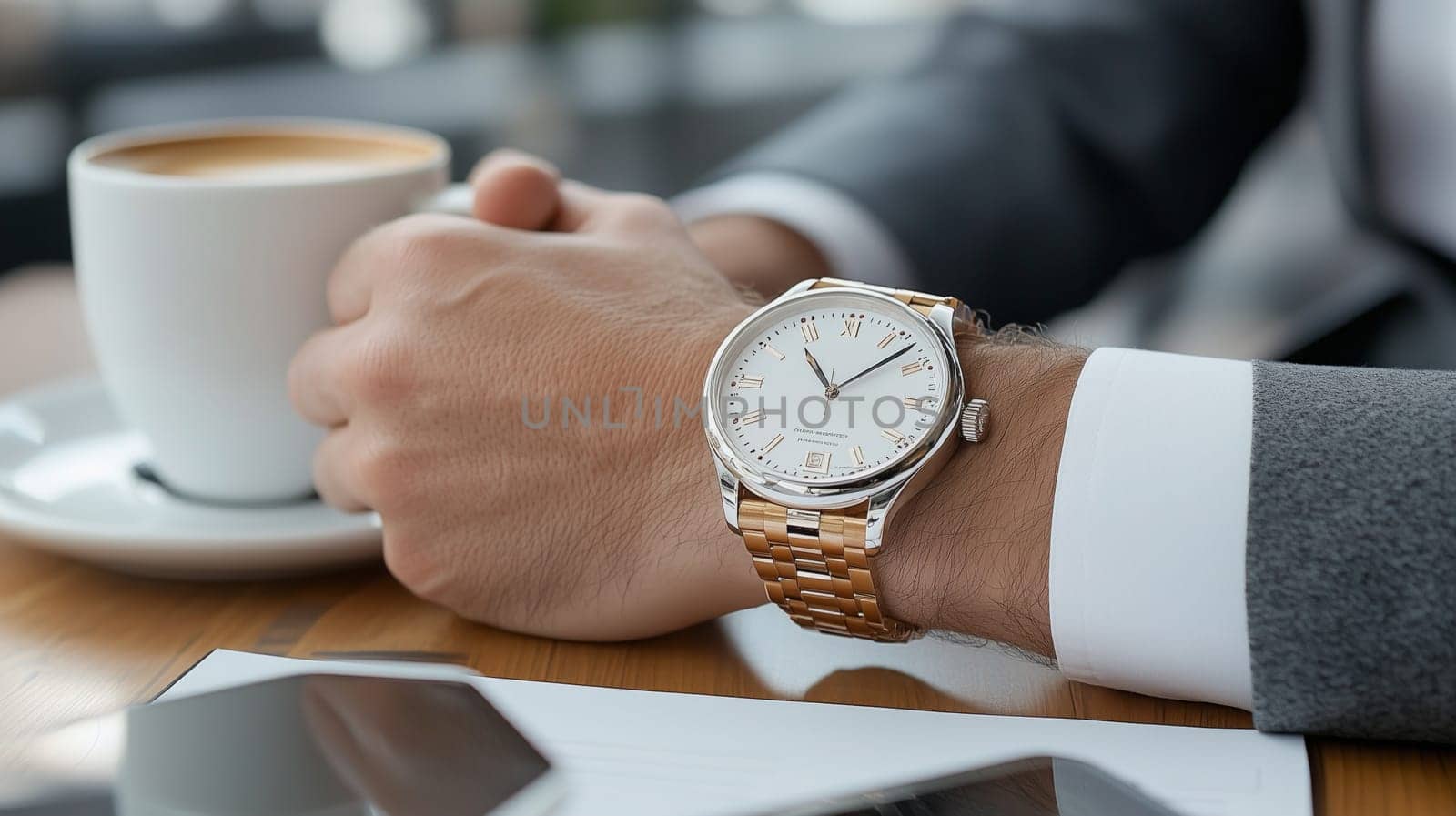Businessman wearing elegant wristwatch enjoys coffee break in cafe, checking the time