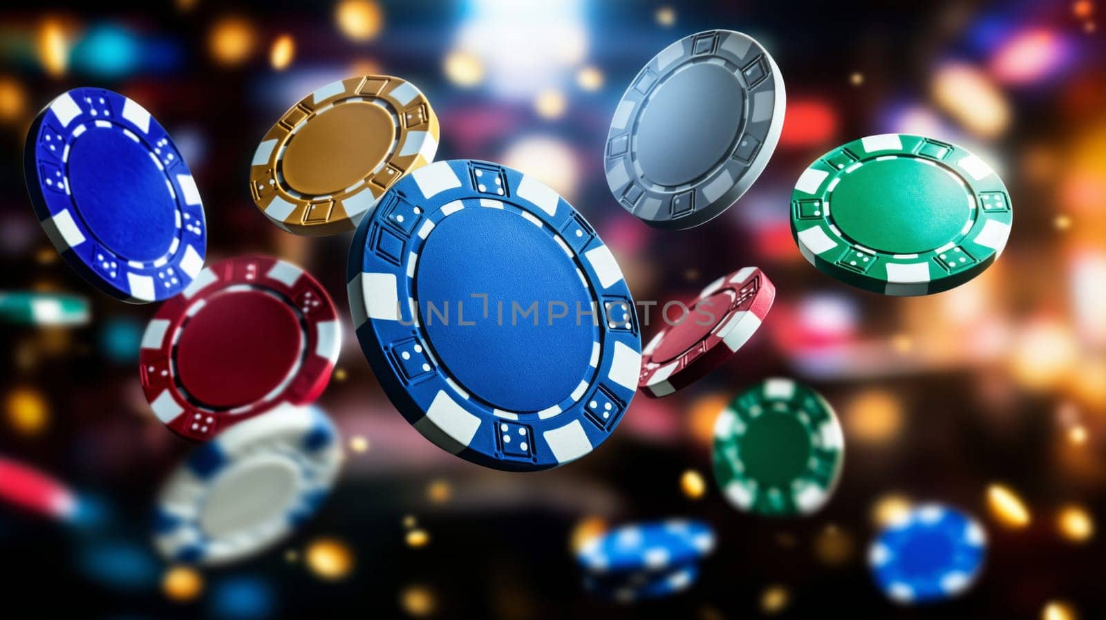 Poker chips falling on a blurred casino background with bokeh lights
