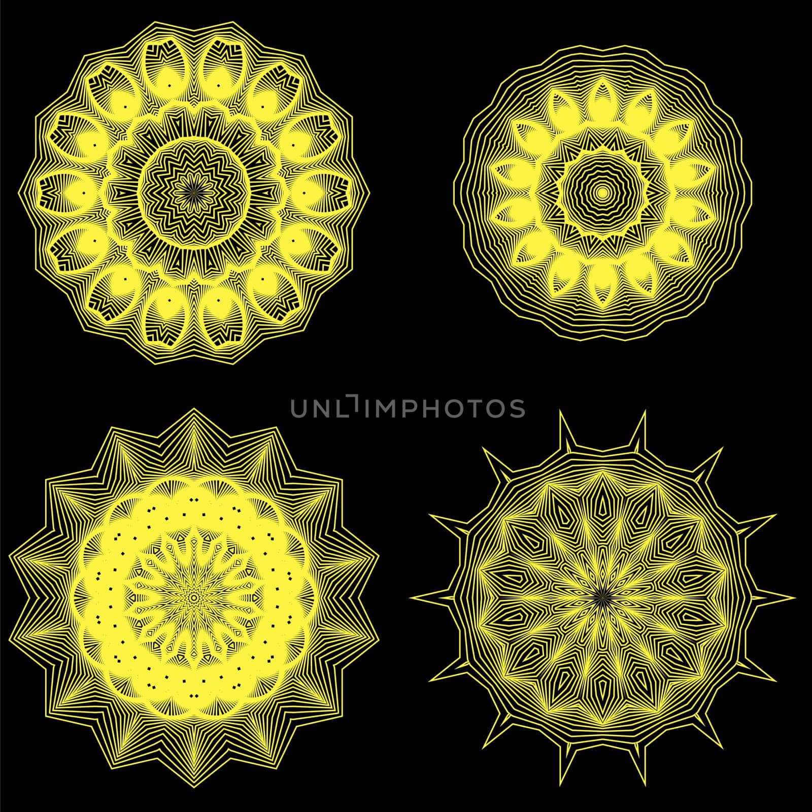 Set of Yellow Circle Geometric Ornaments. Guilloche Gold Rosettes Isolated. Ornamental Round Decor. Mandala Set.