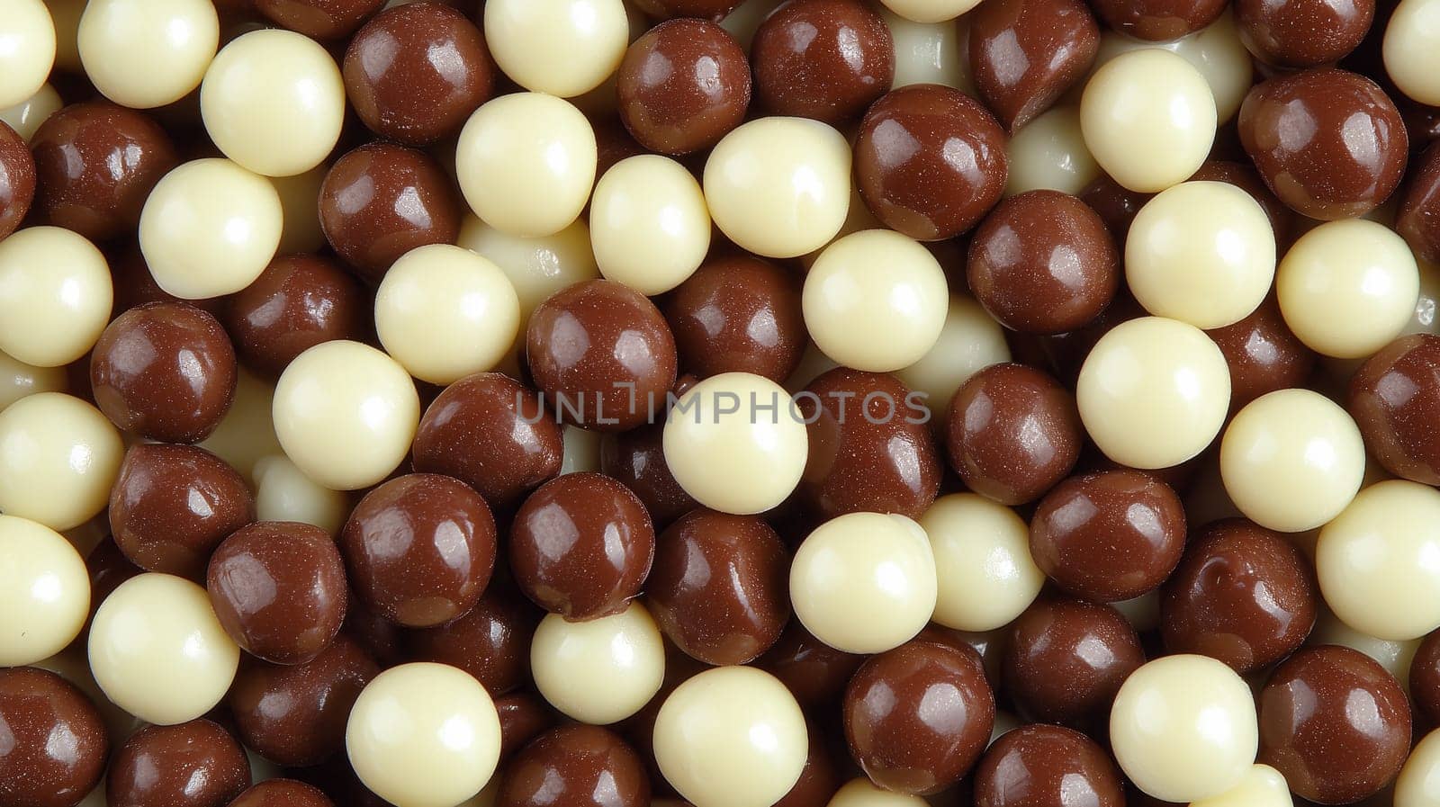 Delicious milk and dark chocolate balls creating a sweet candy background