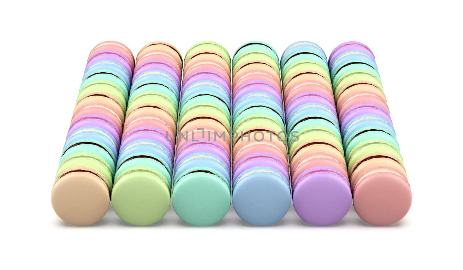 Many rows with colorful french macarons on white background
