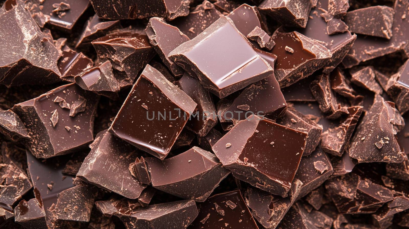 Broken pieces of dark chocolate creating a tempting backdrop, perfect for confectionery or dessert-related themes