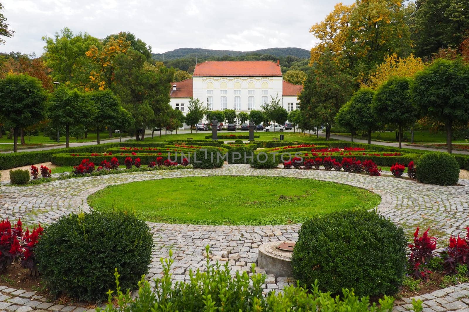 Banja Koviljaca, Serbia, Guchevo, Loznica, September 30, 2022. Rehabilitation center with sulfur and iron mineral waters. Park paths for walking. Gardening and tourism business Banja Koviljacha.