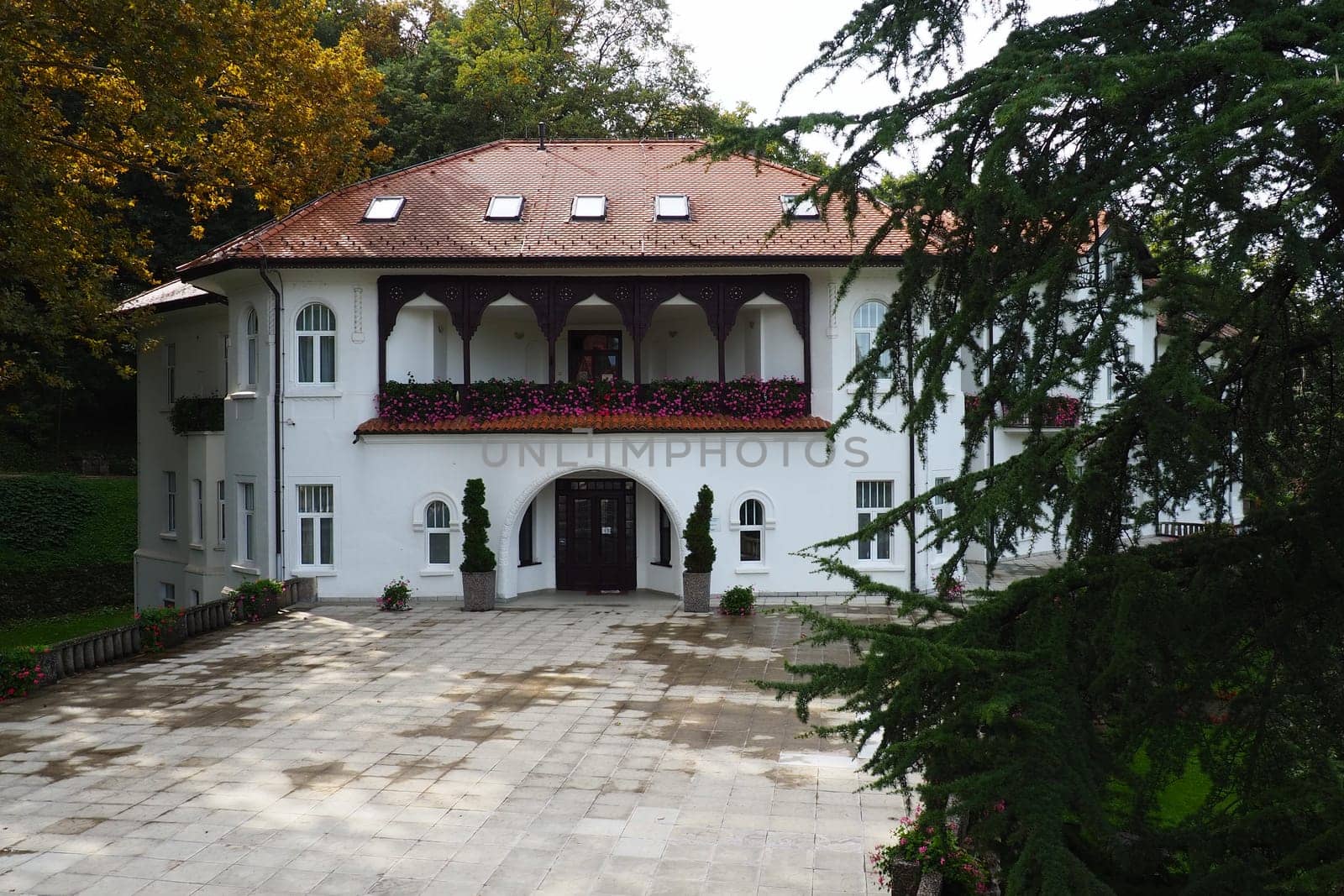 Banja Koviljaca, Serbia, Guchevo, Loznica, September 30 2022 Rehabilitation center with sulfur and iron mineral waters. Villa Herzegovina. Renovated building in Turkish style. Rehabilitation hospital