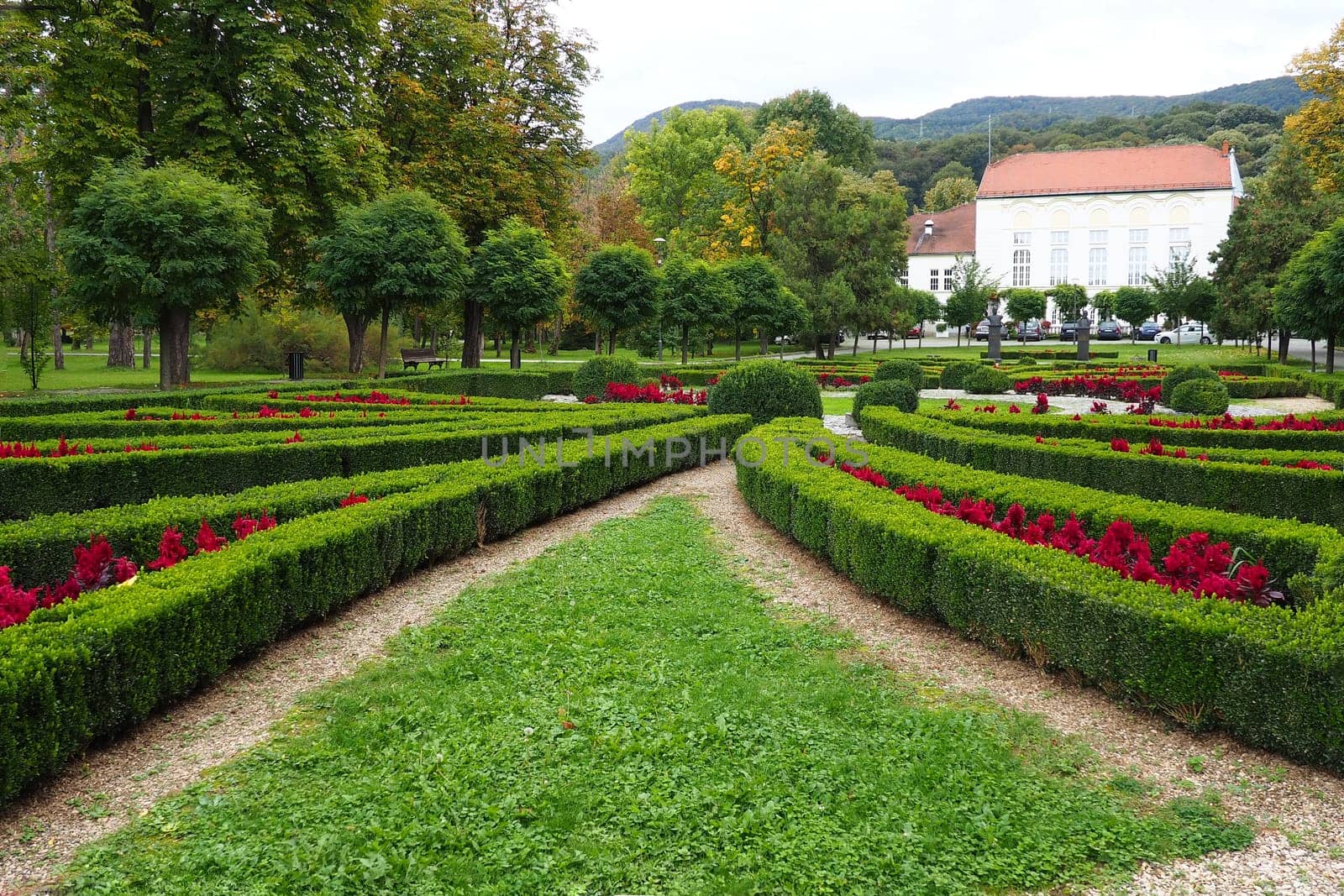 Banja Koviljaca, Serbia, Guchevo, Loznica, September 30, 2022. Rehabilitation center with sulfur and iron mineral waters. Park paths for walking. Gardening and tourism business Banja Koviljacha.
