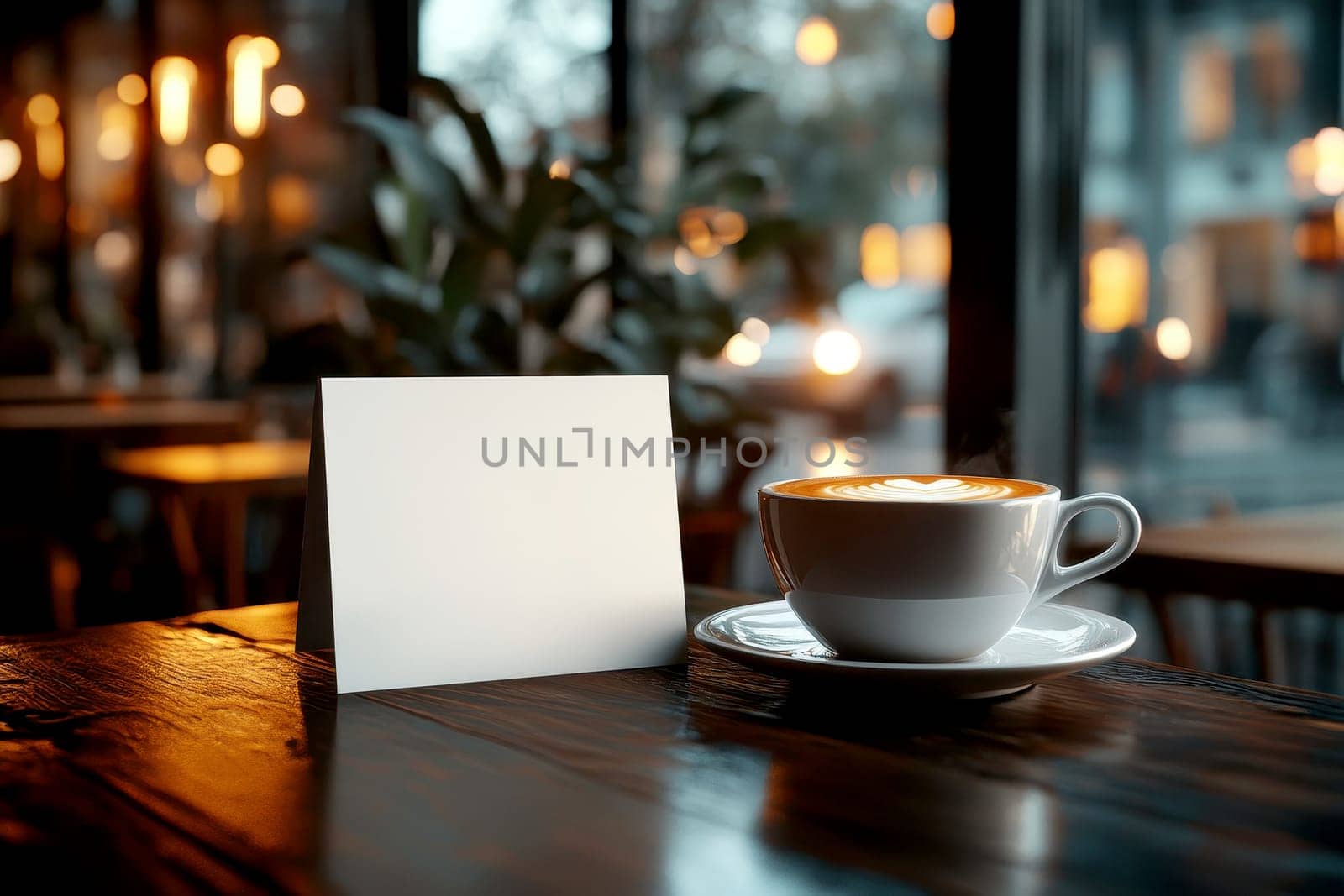 Blank menu card mockup on cafe table with coffee..