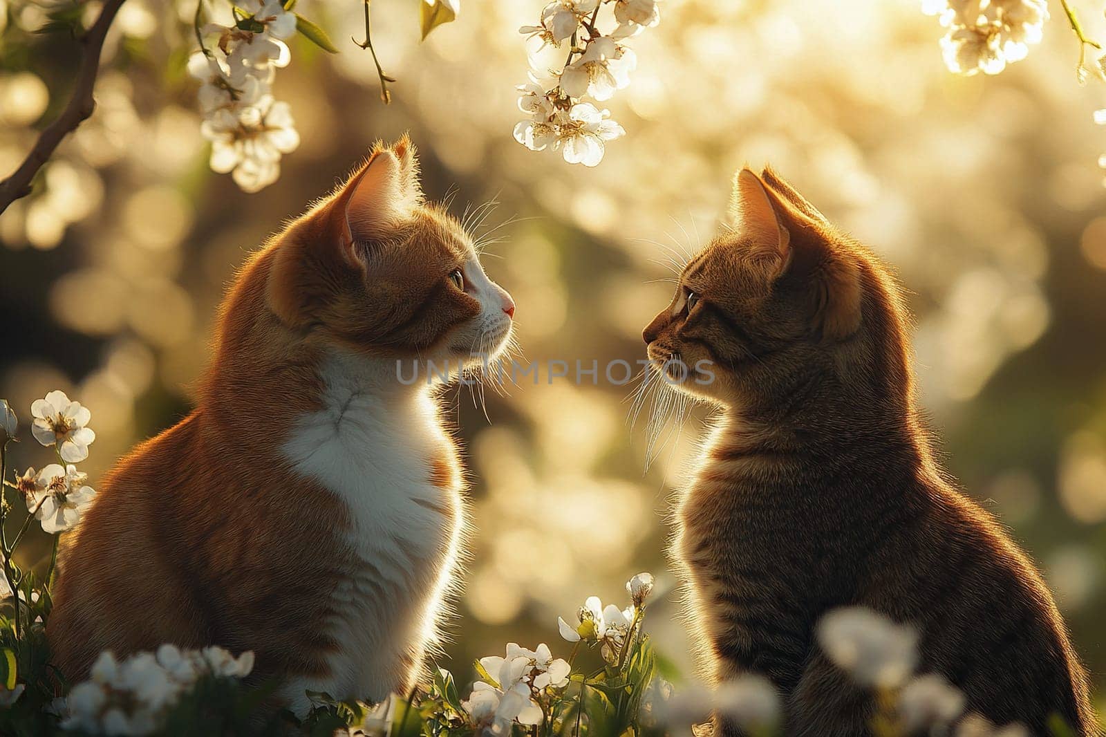 Two cats are sitting under a blossoming sakura tree in the garden in spring. Spring is coming.