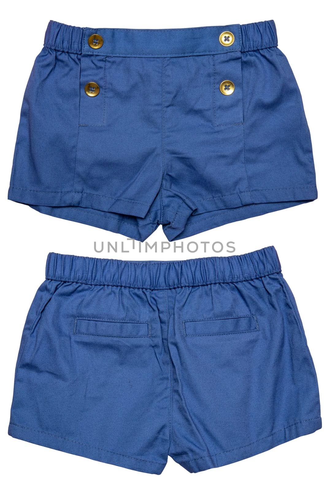 Summer shorts isolated. Set of an stylish fashionable blue short pant with with four fashionable buttons for the little girl isolated on a white background. Sexy kids fashion. Front and back view.