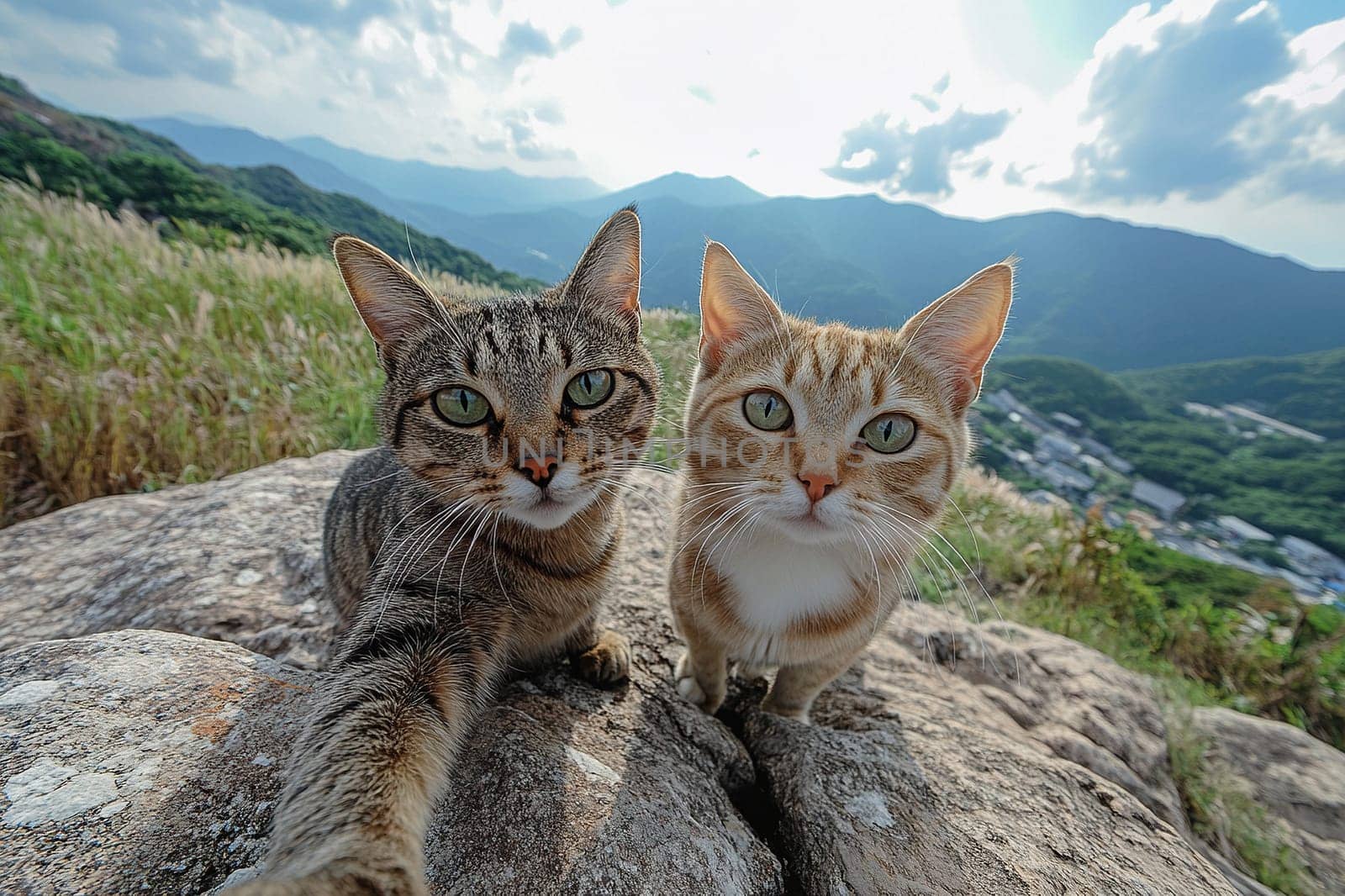 A couple of cats take a selfie together on a smartphone camera while on holiday in the mountains. Funny cats