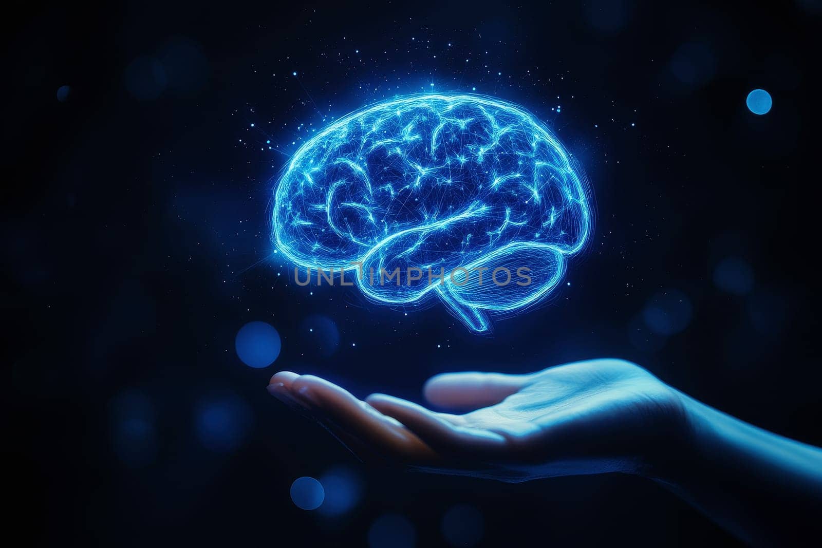 A hand holds a digital holographic brain, representing the tangible interface of artificial intelligence and cognitive technology in modern times..