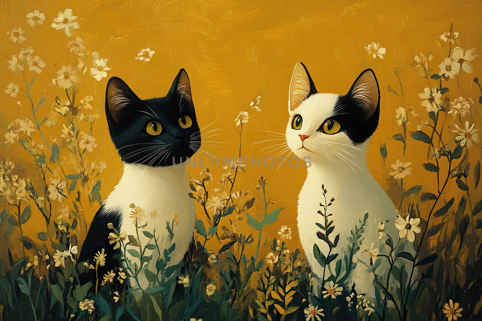 Two identical black and white cats sit opposite each other. Cats on a yellow background greet spring. Drawing.