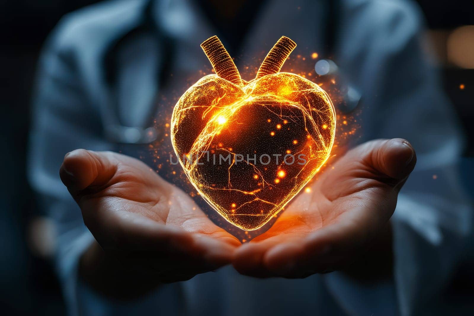 medical doctor holding glowing digital heart hologram, symbolizing advanced healthcare technology..