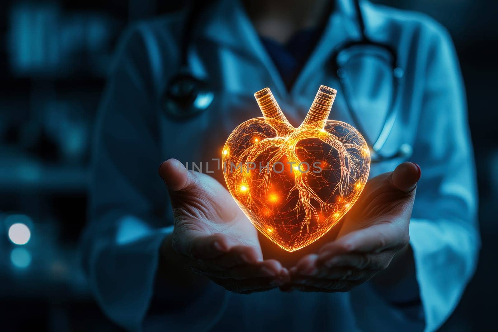 medical doctor holding glowing digital heart hologram, symbolizing advanced healthcare technology..