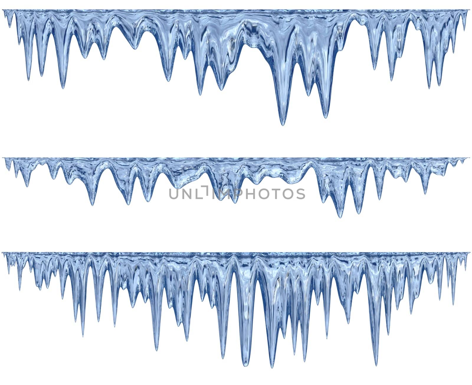 set of hanging thawing and melting blue dripping icicles, as a shiny crystal glass, with crisp spikes in icy winter season time from freezer make around arctic frost with icing on the scene