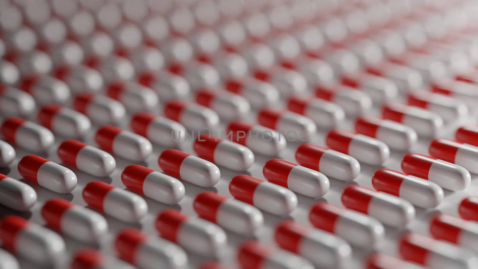 Red and white pills on white background. Pharmaceutical industry, medical treatment, presciption drugs concept. Digital 3D render.