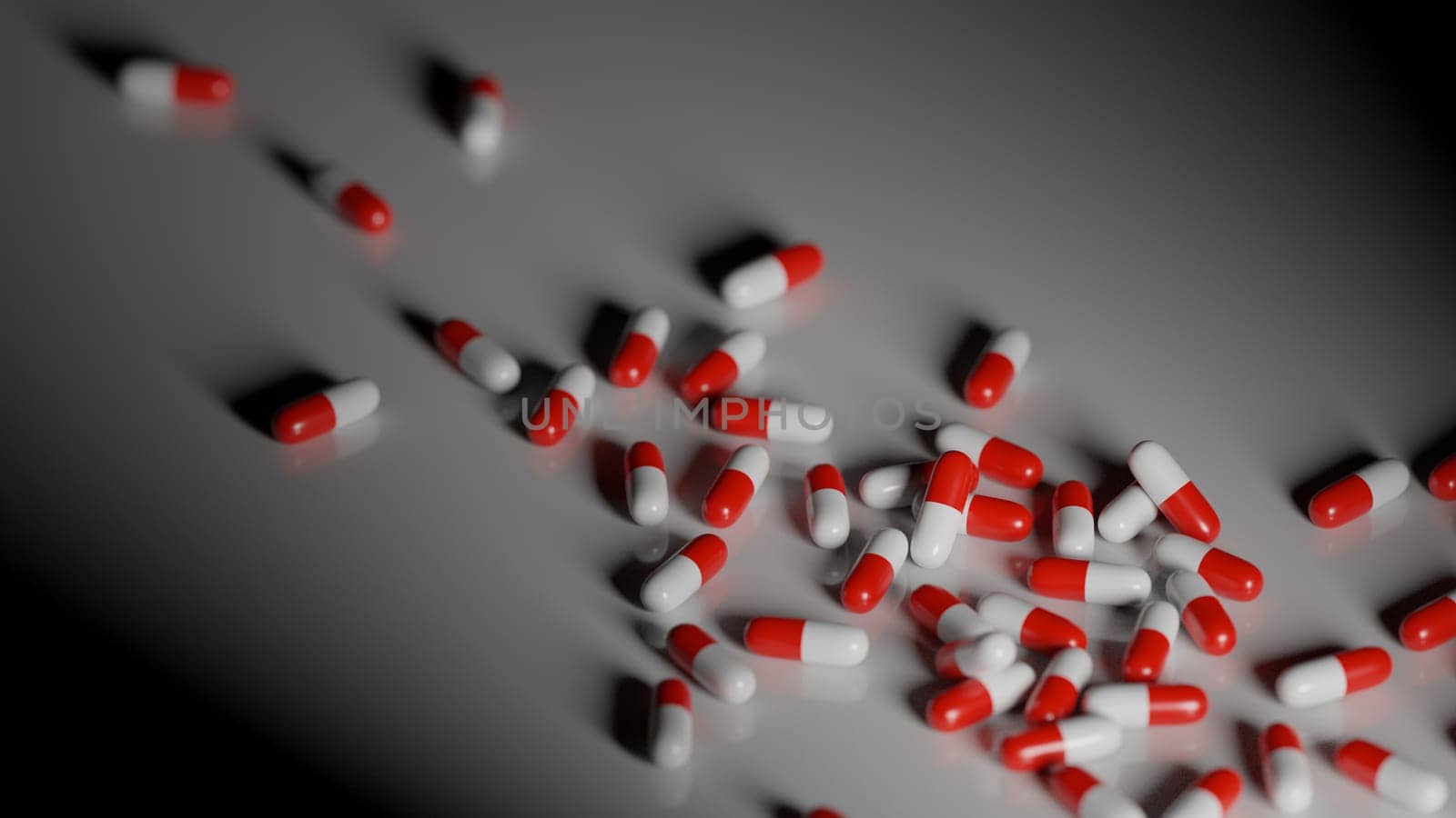 Red and white pills on white background. Prescription drugs addiction concept, pharmaceutical industry. Digital 3D render.