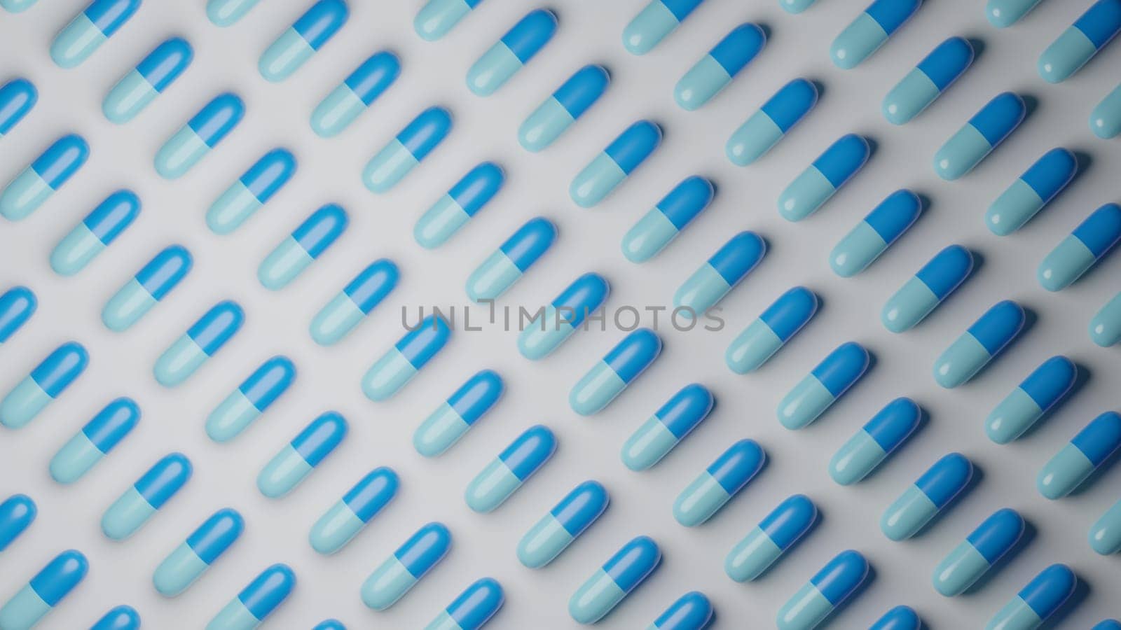 Light blue pills on white background. Pharmaceutical industry, medical treatment, presciption drugs concept. Digital 3D render.