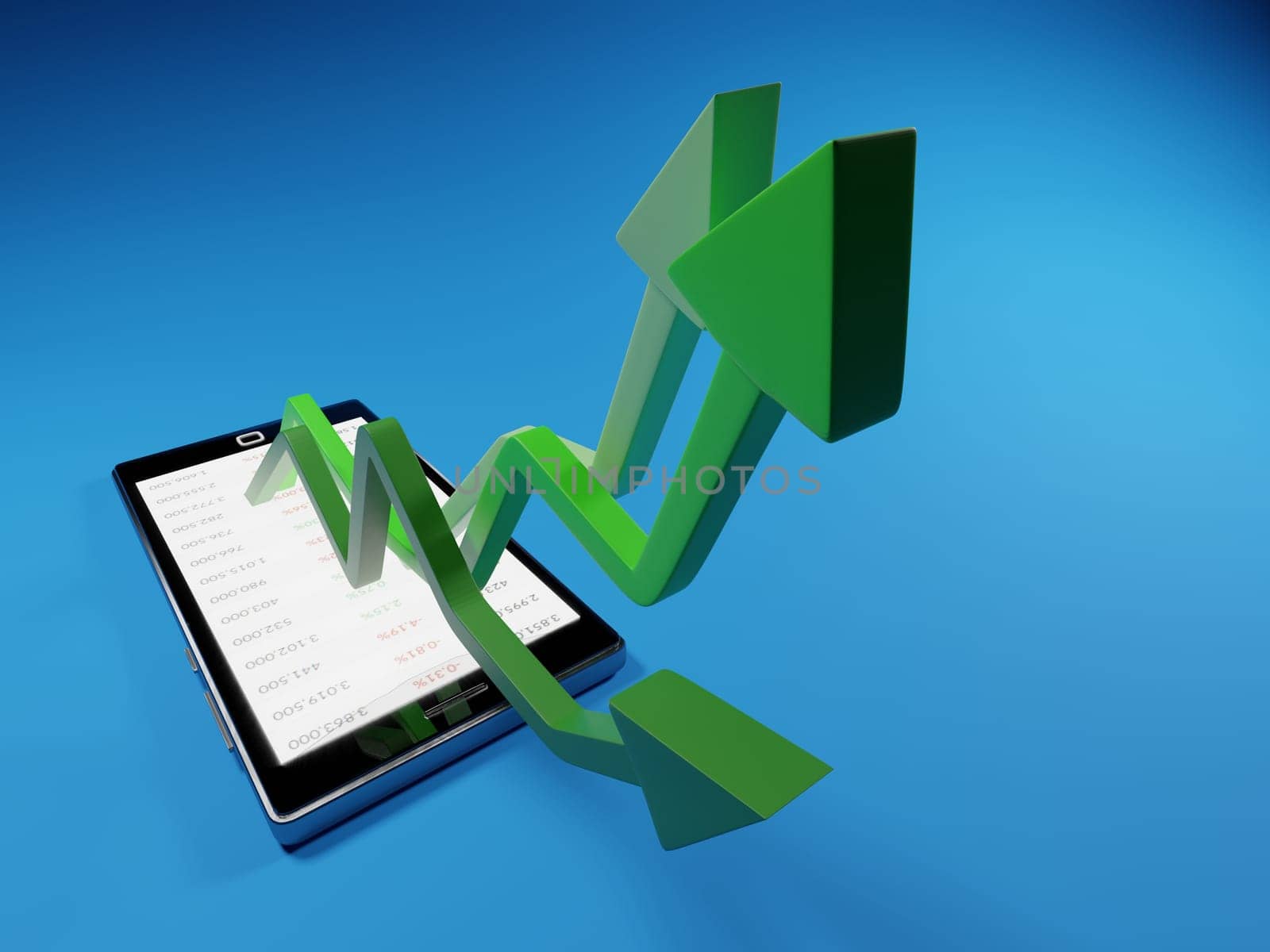 Stock market gains using a mobile device. Green arrows rising from a smartphone. Concept background digital 3D render.