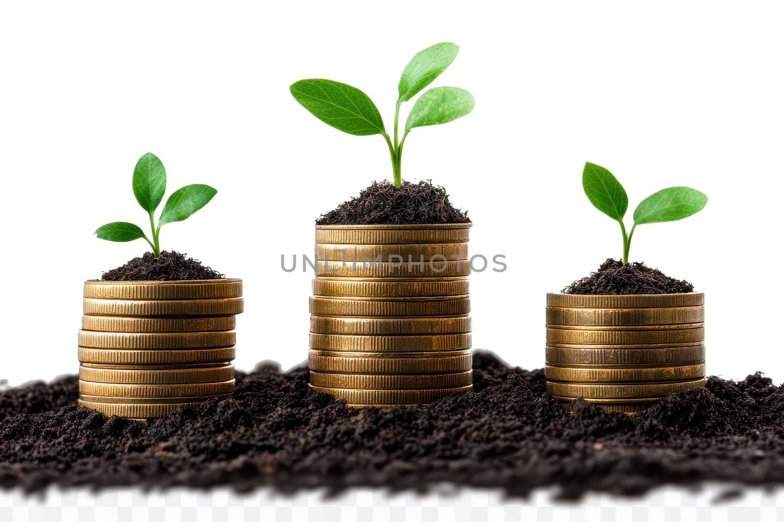 pile of golden coins symbolizes financial growth with small plant emerging from top representing on isolated white background..