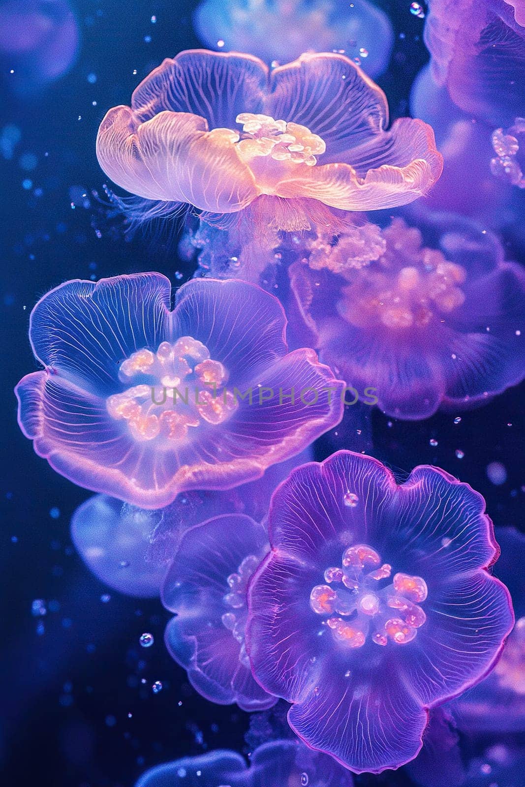 Transparent neon fluorescent flowers deep underwater. Vertical underwater background.