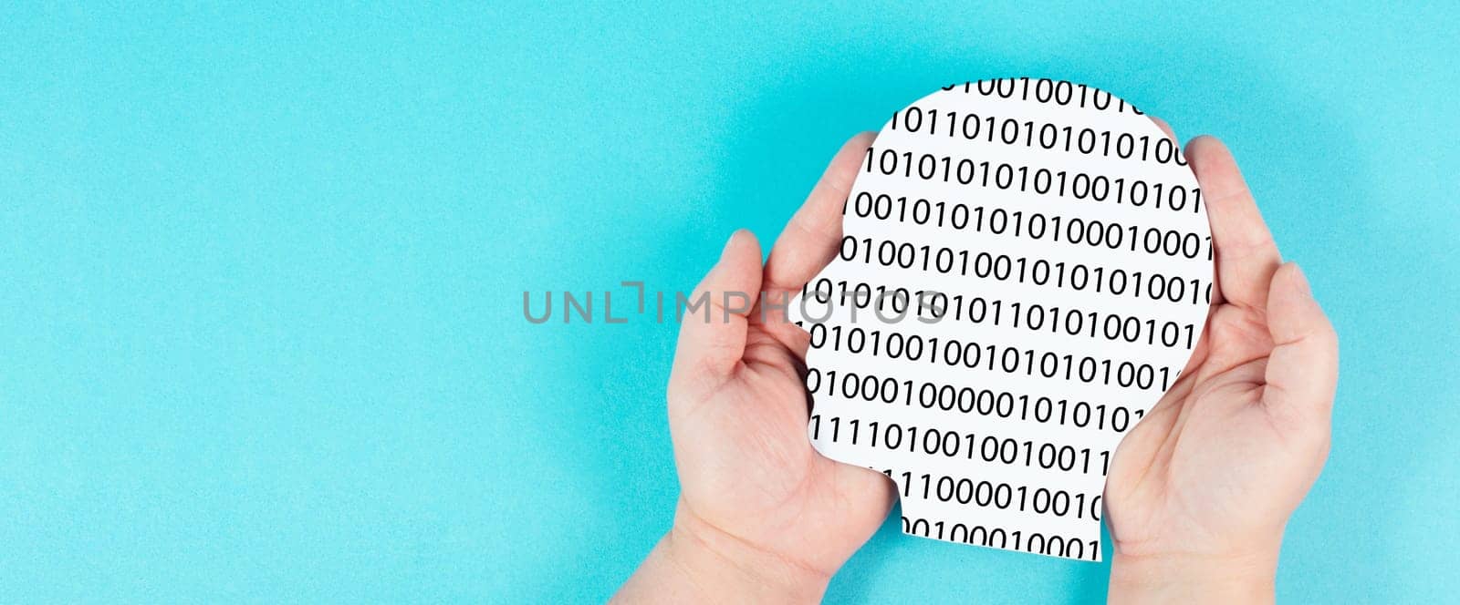 Head with software code, digitization and artificial intelligence concept, connect to the web