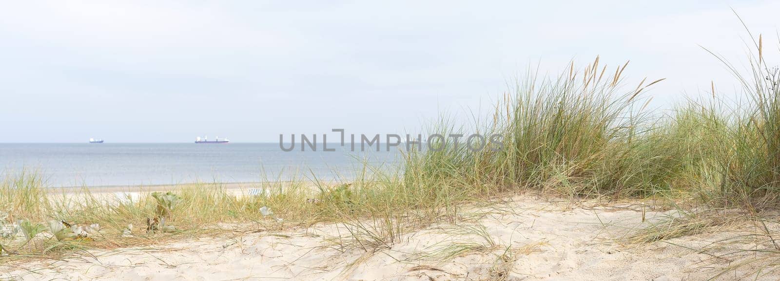 Beach near Swinoujscie on the island of Usedom on the Polish Baltic coast with ships in the background