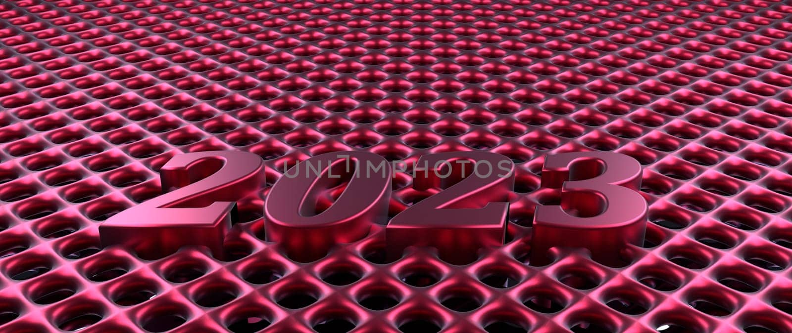 Shiny magenta metal grid pattern with Year 2023 using as modern background, 3d rendering