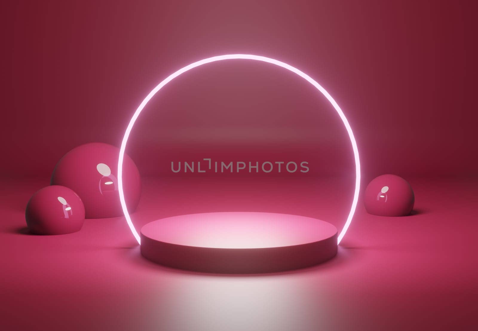 Illuminated pedestal with decoration in magenta, color of the year 2023, mock up template concept, 3d rendering