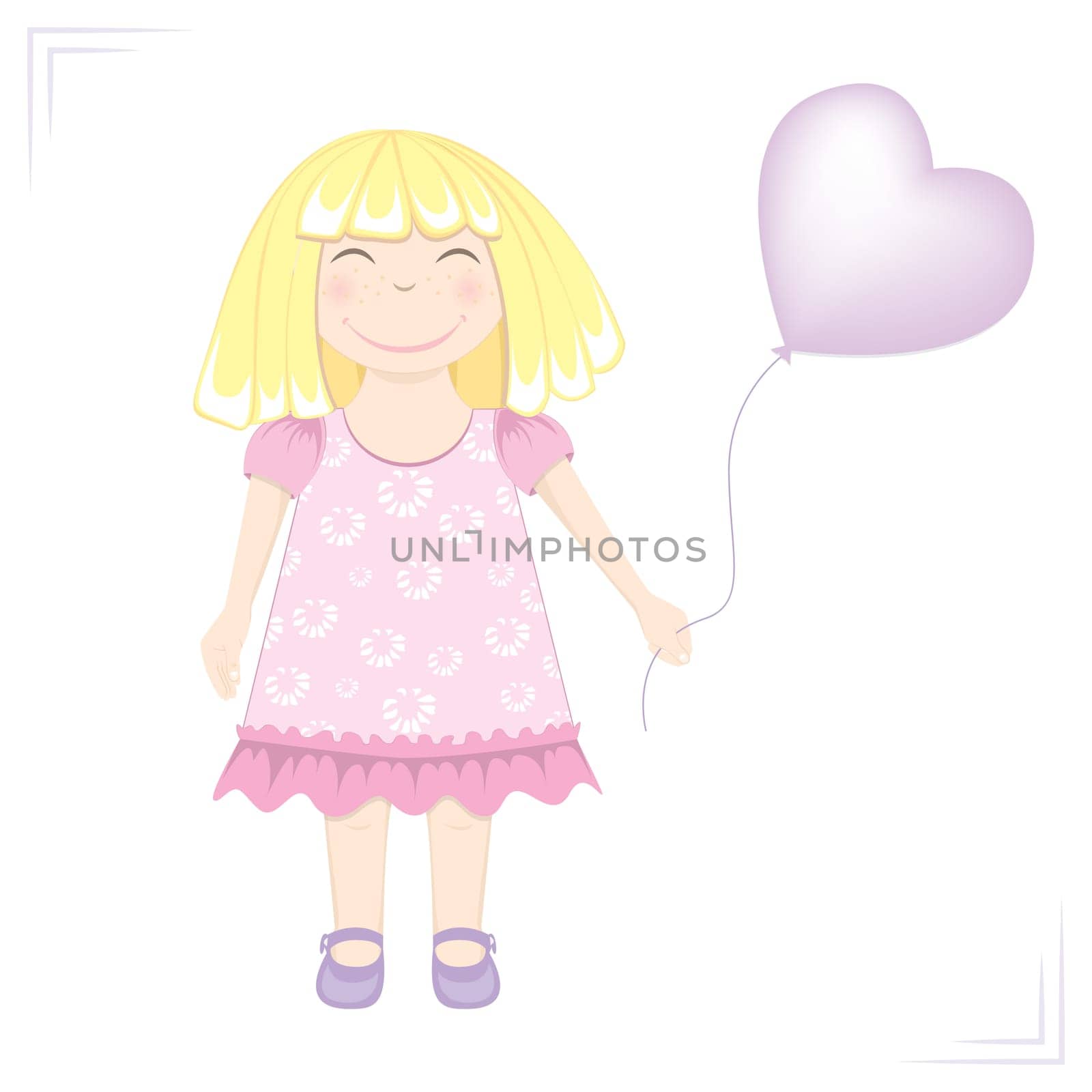 A little girl on a white background, holding a balloon. Greeting card. Vector illustration.