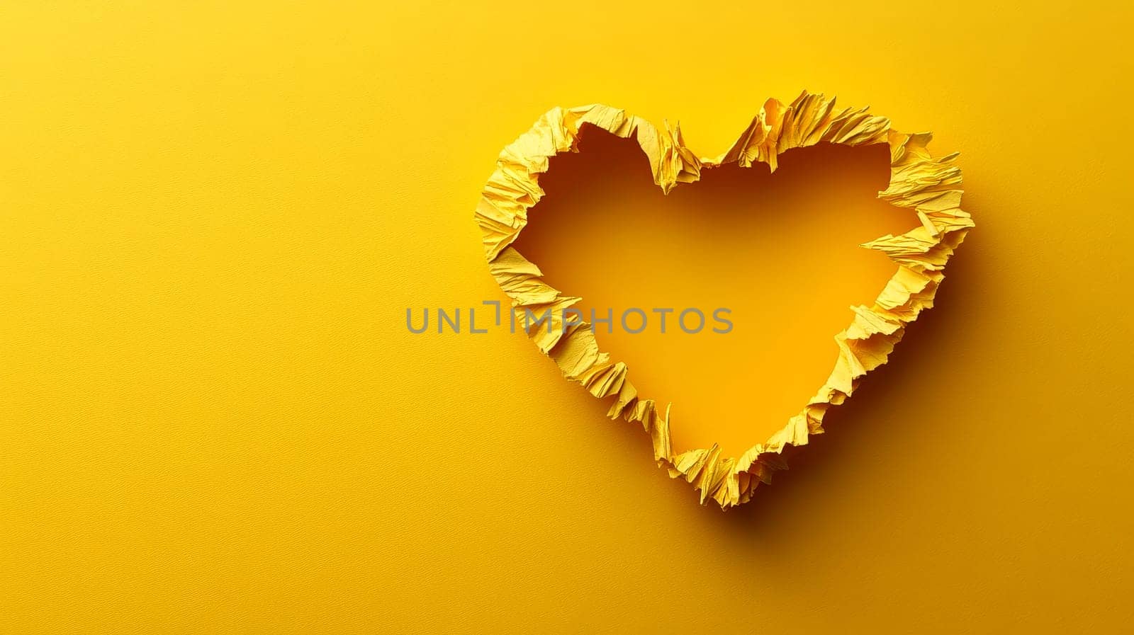 a rainbow heart shape made from torn paper. The heart is yellow. The flag is made of paper and has a rainbow pattern..