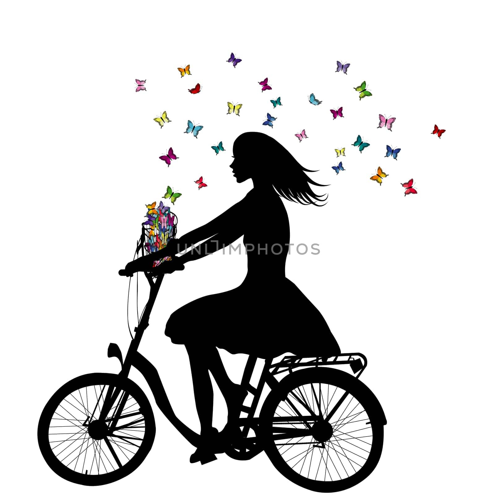 Abstract stylized silhouette of woman on a bicycle with butterflies