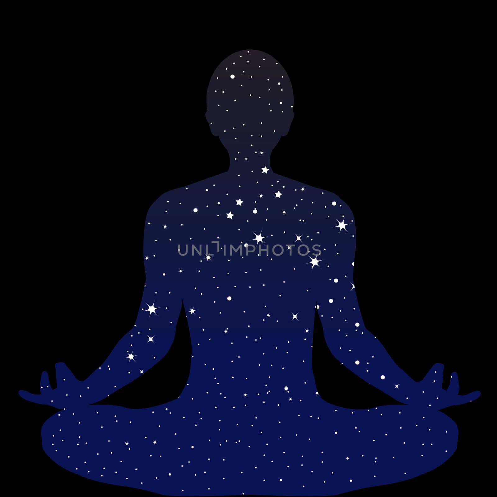 Man sits in a lotus position and meditates with pattern made of night sky with stars