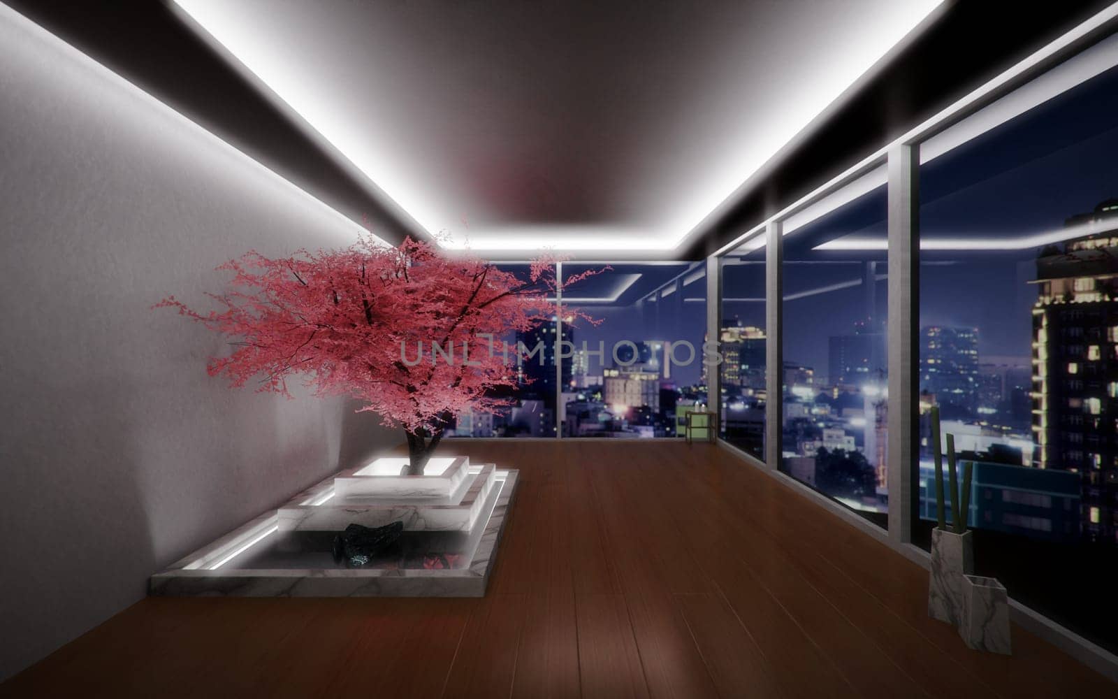 Zen-like room with a pink cherry tree in an interior space with view to a city at night. Modern architecture, decoration. Digital 3D rendering.