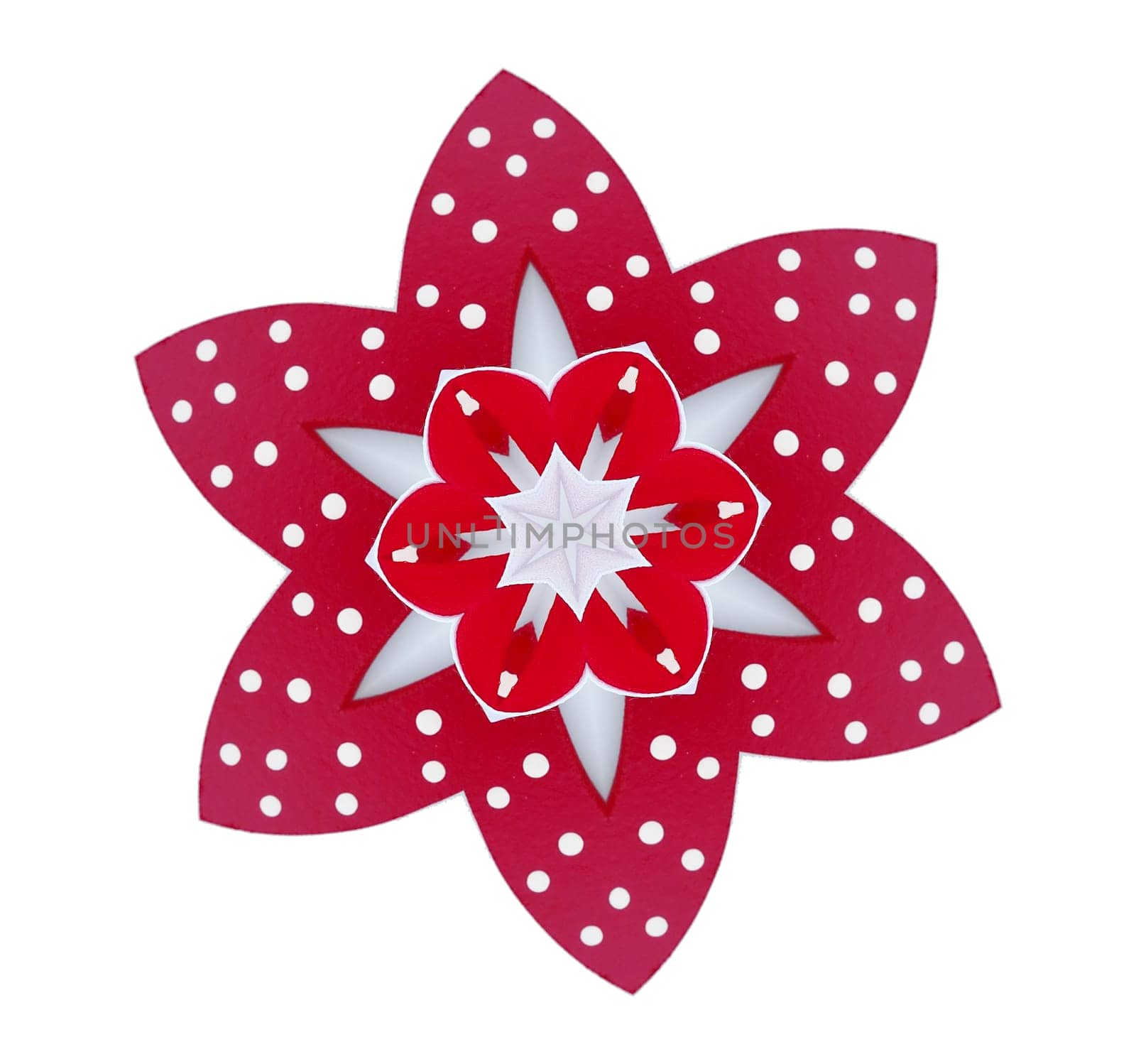 Flower kaleidoscope. Abstract repeating pattern for repetition. Six petals. Red - white flower. Isolate on a white background