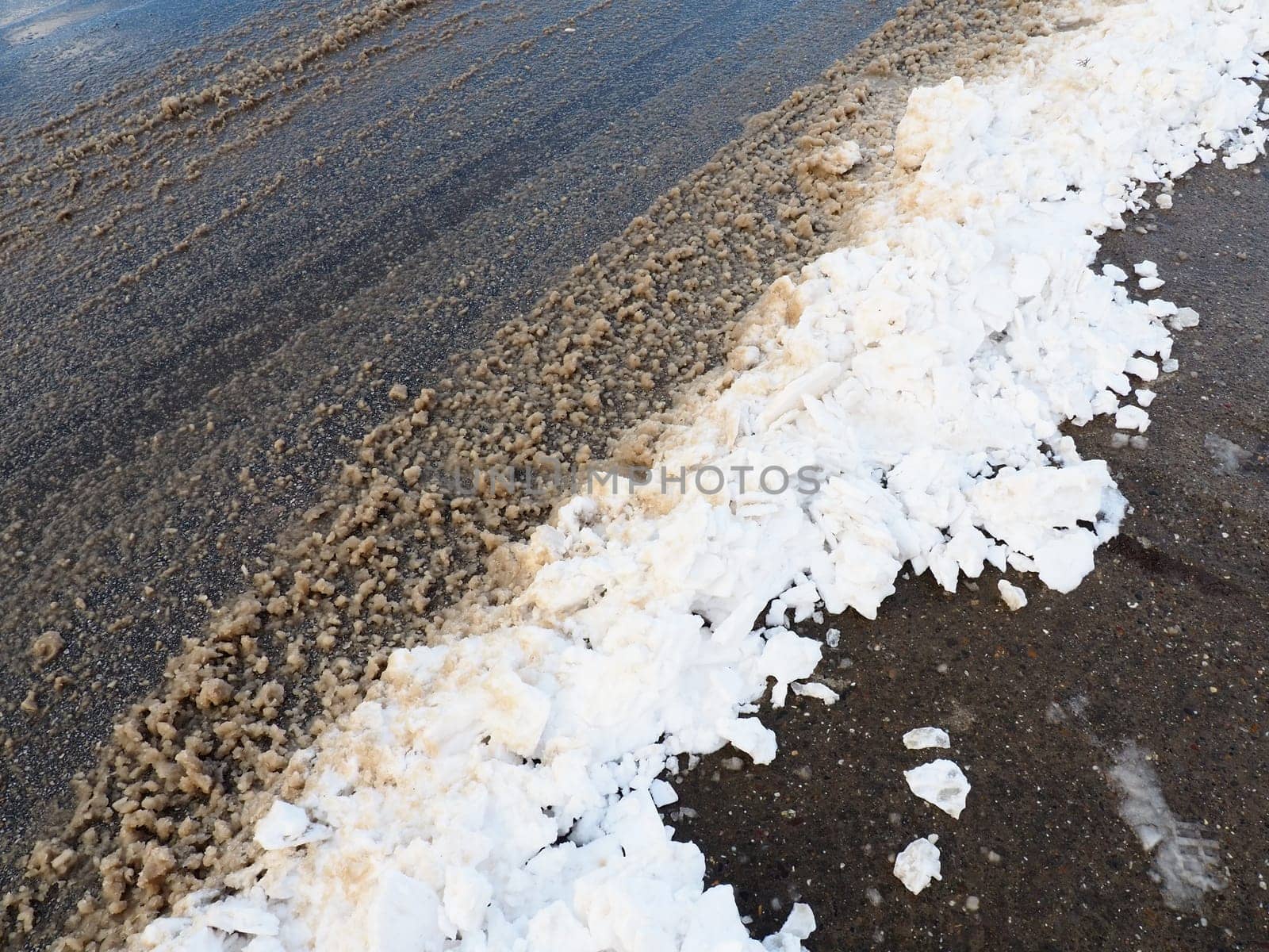 Roadside with a snowdrift. Difficult driving conditions. Wet slippery pavement with footprints. Dangerous ice. Muddy weather in winter. Car tire tracks. The work of municipal services for cleaning.