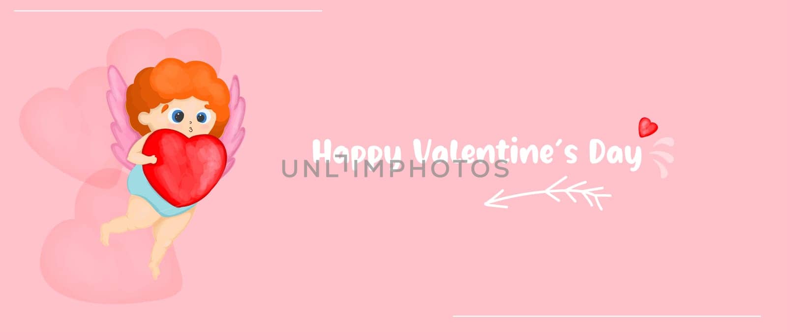 horizontal banner for Valentines Day. Cute cupid character with arrows and hearts. Valentines day poster