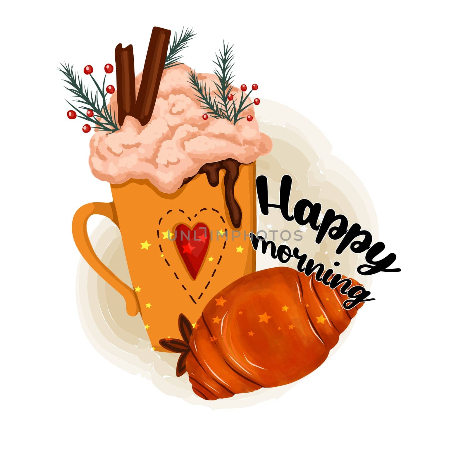 Happy morning postcard. A cup of cappuccino. Hot winter drink. Vector illustration of cocoa. Good morning quote