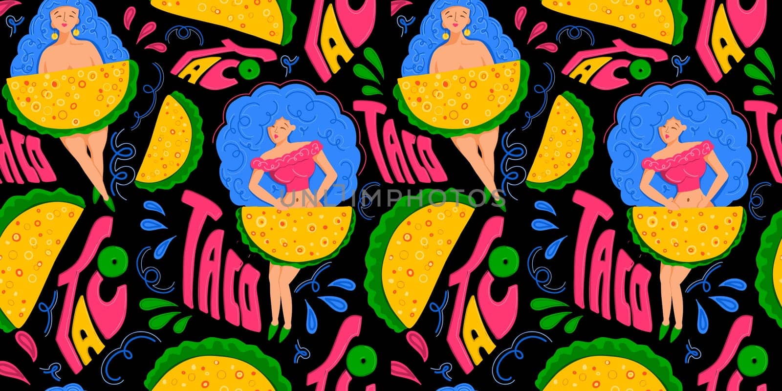 Taco. Mexican cuisine. Taco seamless pattern. Modern print for printing on T-shirts and postcards