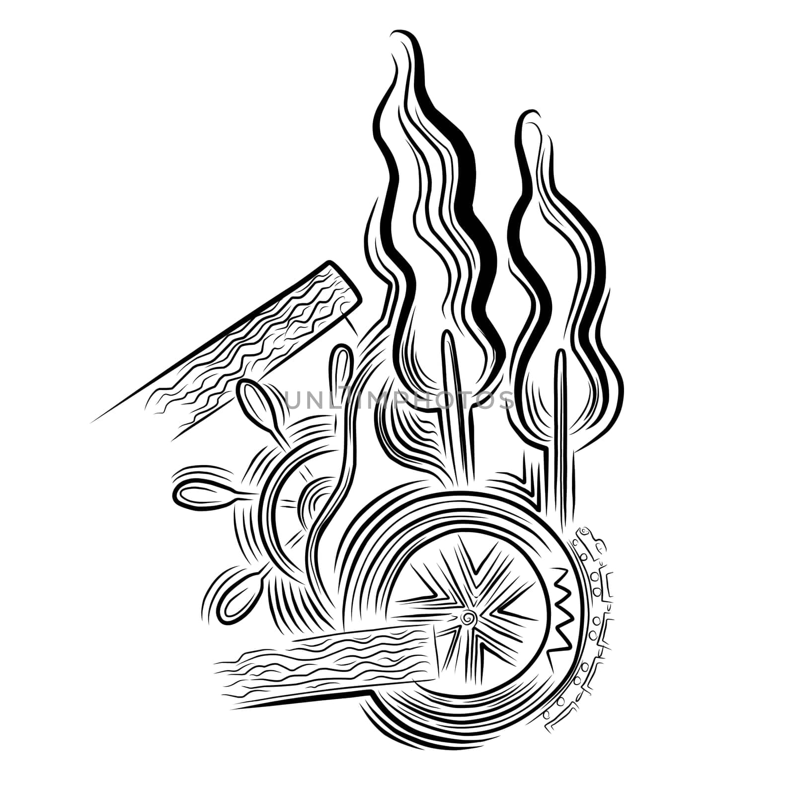 abstract linear sketch for a tattoo. trees and wheels. concept of travel