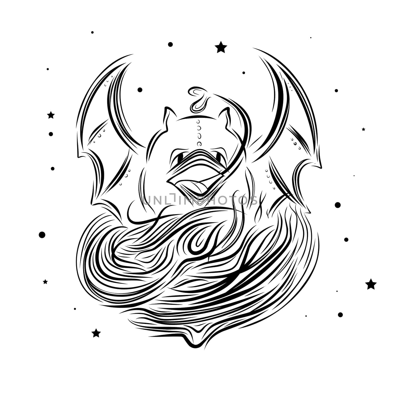 bat line sketch for tattoo. Vampire with the head of a bat.