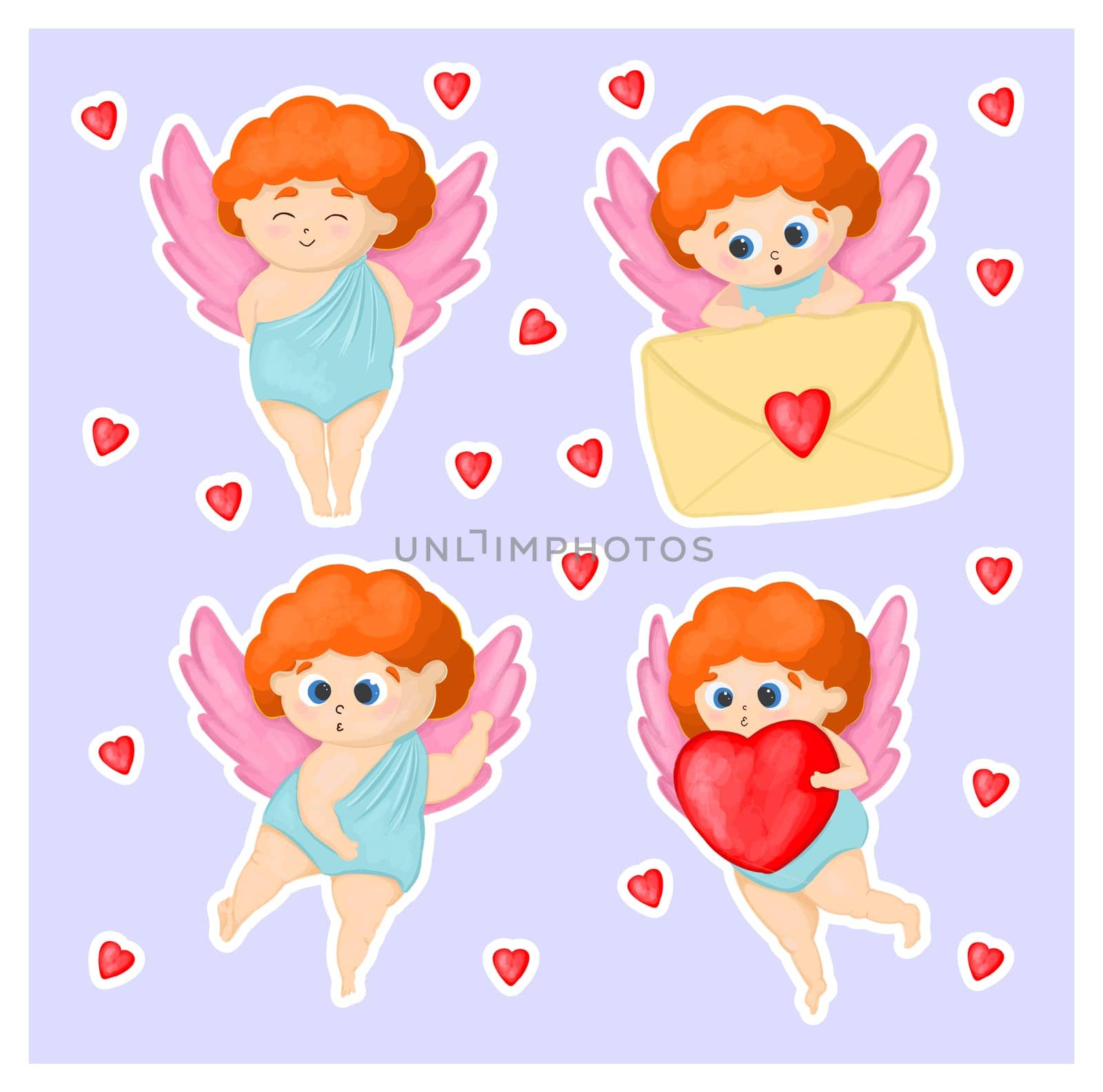 A set of stickers for Valentines Day. Cute cupid characters with arrows and hearts.