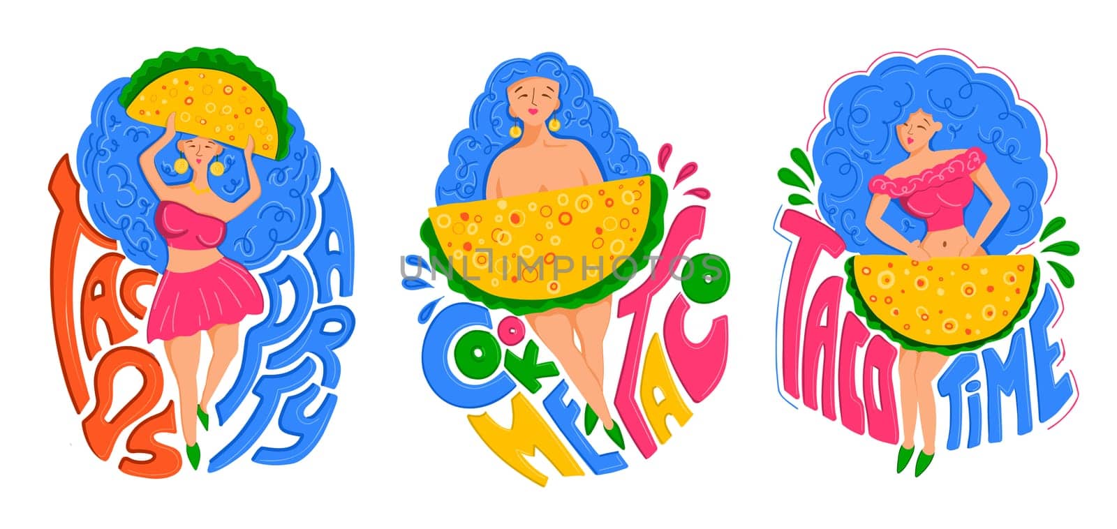 Taco. Mexican cuisine. Illustration of a girl and a taco. Modern print for printing on T-shirts and postcards