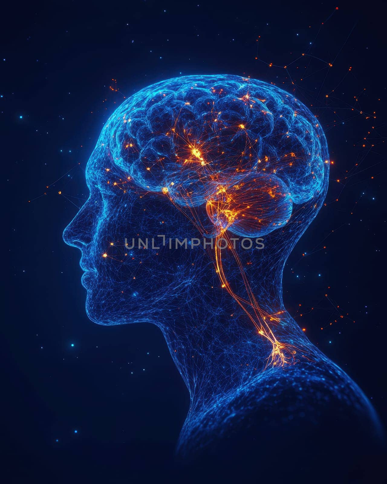 A hologram of a human head through which the brain can be seen..