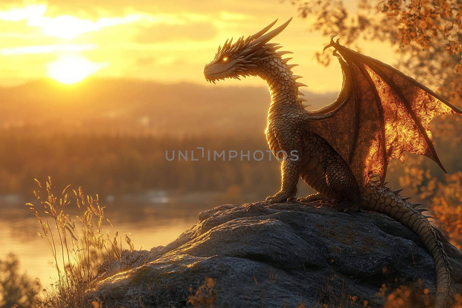 A dragon with shimmering scales spread its wings as it sat on a mountaintop at sunset.