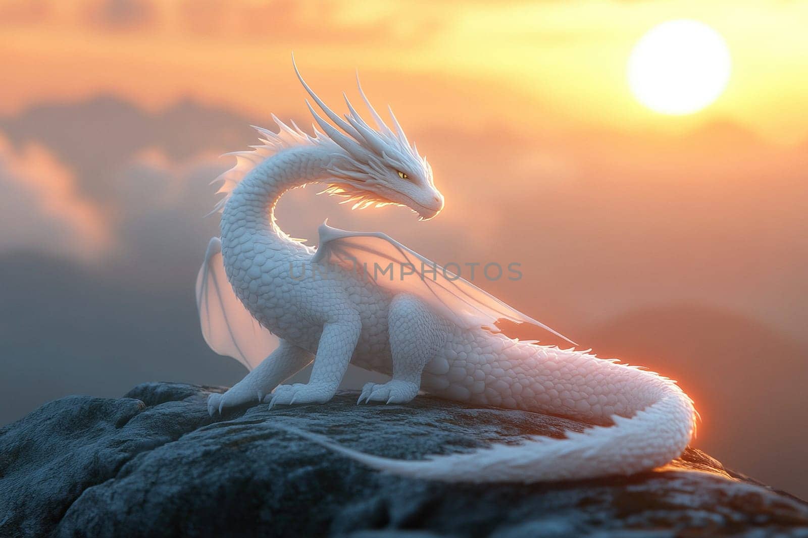 A white winged dragon sits on top of a cliff at sunset. The dragon is the most popular symbol of wealth in Feng Shui.