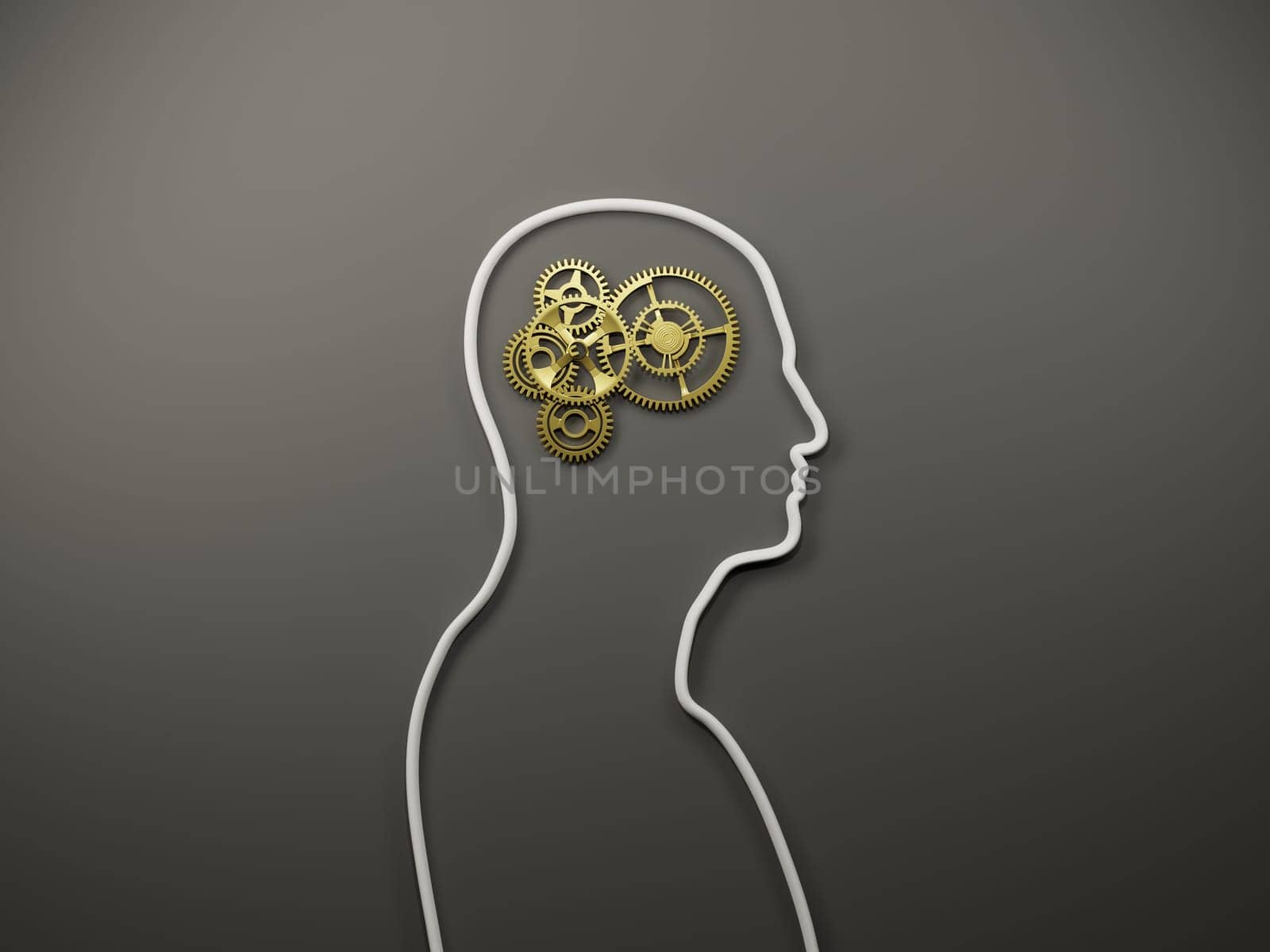 Intelligence, healthy mind, creativity concept. Golden clockwork mechanism inside a human silhoutte on gray background. Digital 3D rendering.