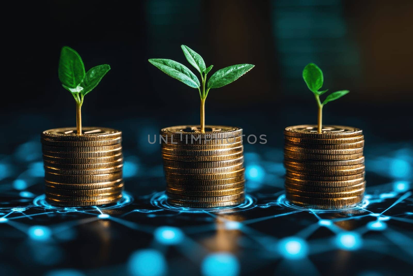 pile of golden coins symbolizes financial growth with small plant emerging from top representing on digital ai network..