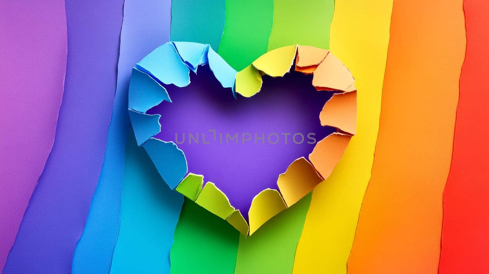 a rainbow heart shape made from torn paper. The heart is rainbow color. The flag is made of paper and has a rainbow pattern..