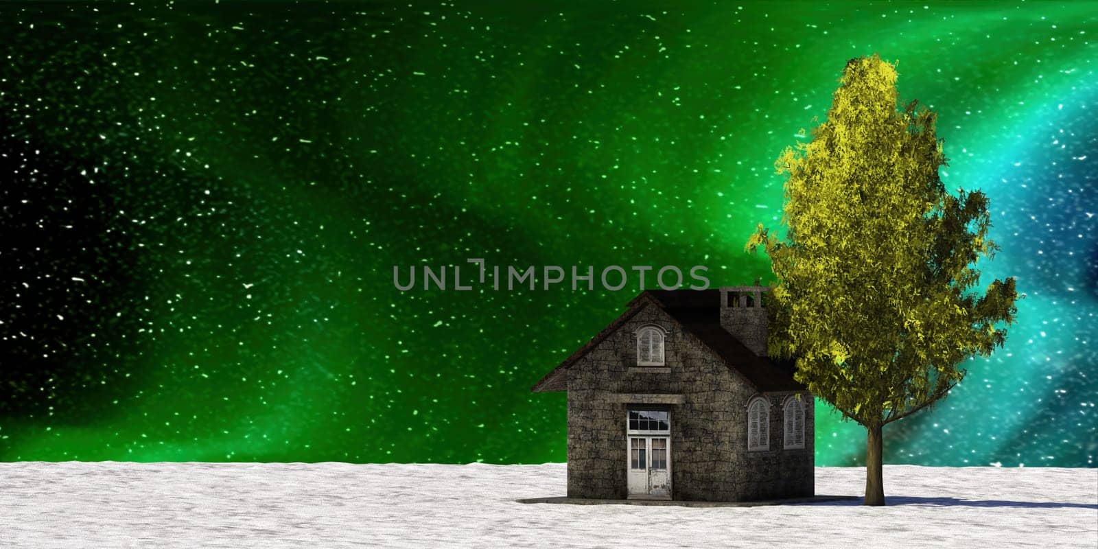 The 3d rendering of nice galaxy view with old house